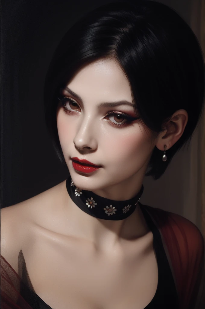 woman pretty, black short hair,brown eyes ,,black-chocker ,foxy eyeliner,red lips, portrait pale,soft body,eyeliner, wearing sheer , makeup ,pale woman painting, Caravaggio's paintings、Chiaroscuro of Caravaggio ,simple background