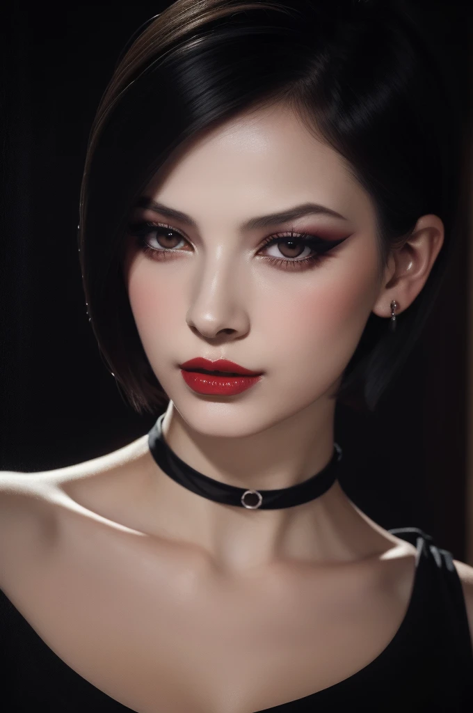 woman pretty, black short hair,brown eyes ,,black-chocker ,foxy eyeliner,red lips, portrait pale,soft body,eyeliner, wearing sheer , makeup ,pale woman painting, Caravaggio's paintings、Chiaroscuro of Caravaggio ,simple background