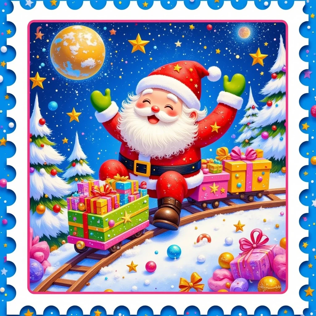  Christmas postcard ，Stamp border，Christmas card ， flying train，Planet，Galaxy，A train full of gifts，Little train ，坐在Little train 上的快乐的圣诞老人戴着绿色手套，train tracks，Candy Blast，funny illustration