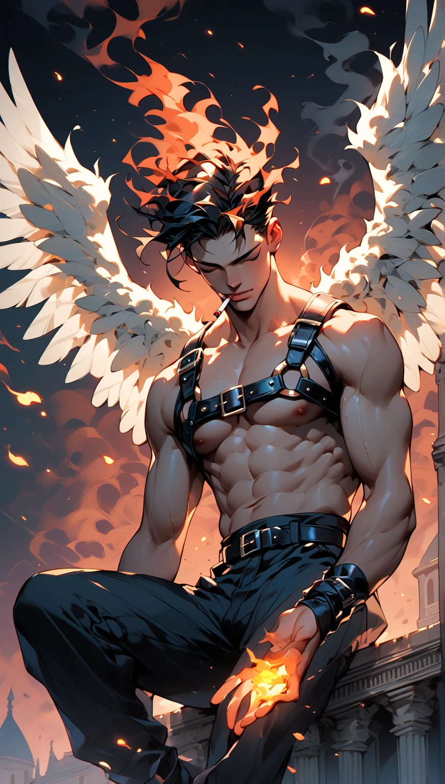 masterpiece, best quality, face, natural eyes, 1man, european, big feet, black socks, (no shoes), full body, large bulge, long legs, looking at viewer, 30 years old, muscled and mature, short haircut, face covered with white fluids, sweating, tight cloth, erecting, shirtless, topless,  smirks, solo, white skin, muscular, muscle man, tall, hunk, big biceps, abs, wide shoulder, open chest, facial hair, black short hair, wet body, wet hair, shirtless, viewer looking, high resolution:1.2, best quality, full body, flat style, dark sky, a male angel with huge black wings, fire on the ground, dark angel, black wings, tatooed arms, remote camera
