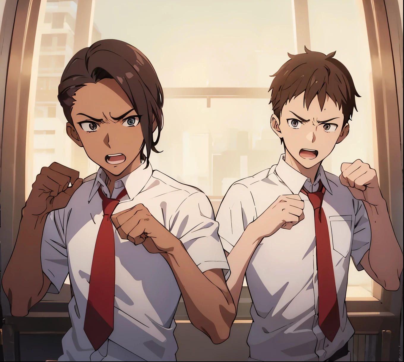 2 anime boys ready for fight, wearing white shirt, red tie, black pants, fist , punch 