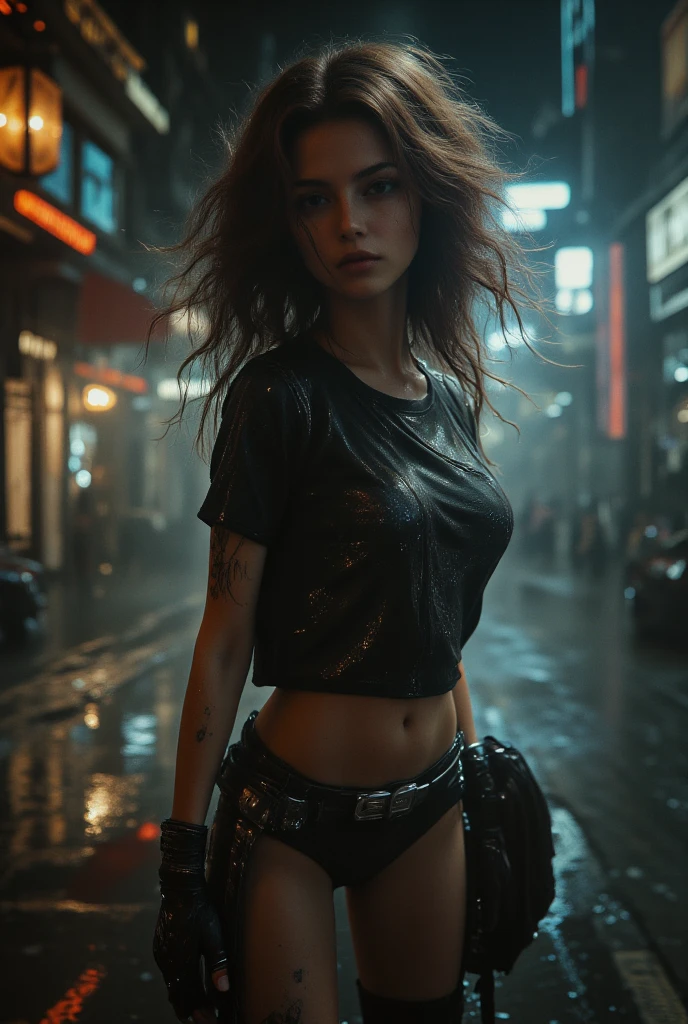 Photo Style Wide Angle Shot Beautiful Girl with Wavy Hair, Charming Slender Eyes, Thigh Cleavage, Sexy Beautiful Legs, T-shirt in Tiny Shorts, Very Big Boobs Pushing Up T-shirt, Cyberpunk + Beautiful Futuristic City, Fog, Humidity, Rain, Top Quality Masterpiece, Realistic, 8k HDR Detail, Shallow Depth of Field, Wide Exposure, High Contrast, Backlight, Flood, Flash, Chromatic Aberration, Sharp Focus, RAW Color Photo