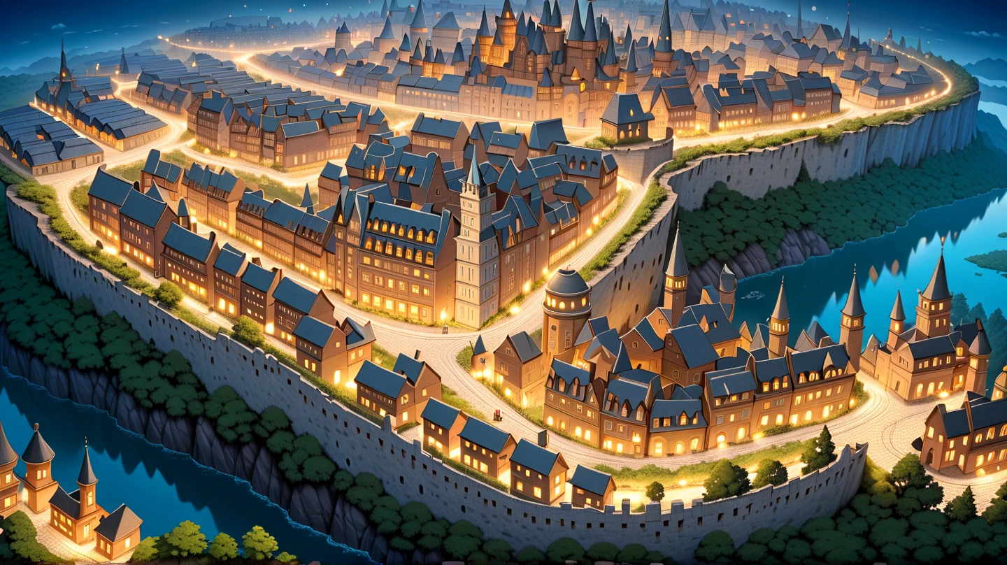 (masterpiece, ultra detailed, top quality:1.4), (Studio Ghibli, animation, PEAnimeBG), BREAK huge peach moons, huge medieval European castle town, distant night view from above.