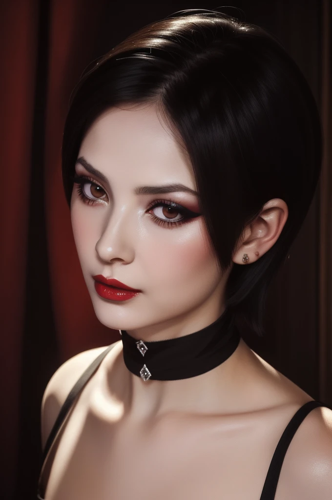 woman pretty, black short hair,brown eyes ,,black-chocker ,foxy eyeliner,red lips, portrait pale,soft body,eyeliner, wearing sheer , makeup ,pale woman painting, Caravaggio's paintings、Chiaroscuro of Caravaggio ,simple background