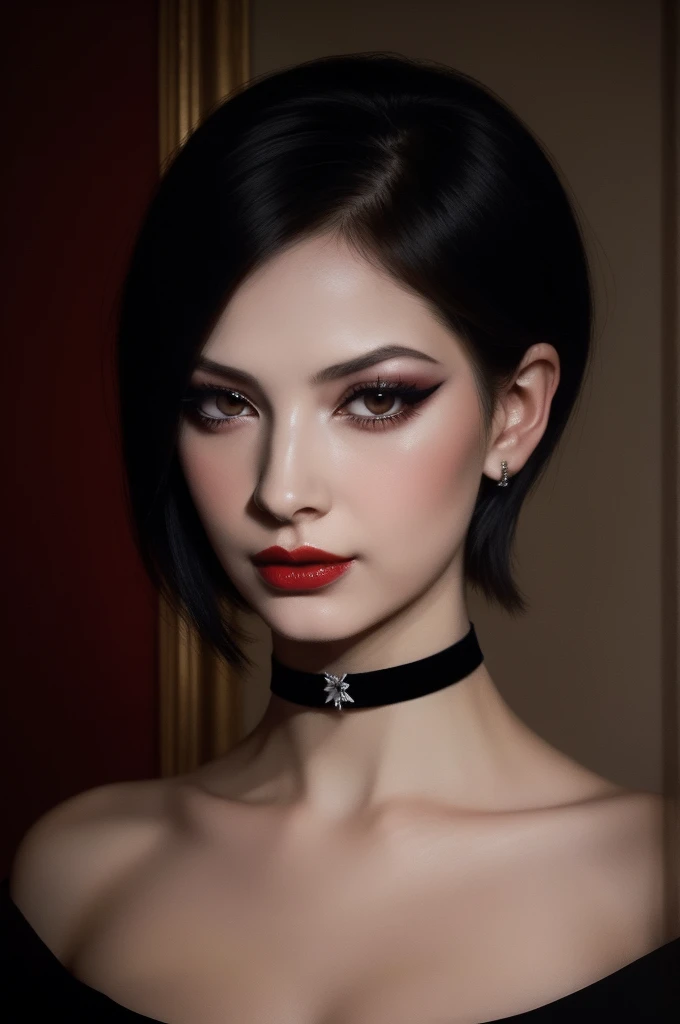 woman pretty, black short hair,brown eyes ,,black-chocker ,foxy eyeliner,red lips, portrait pale,soft body,eyeliner, wearing sheer , makeup ,pale woman painting, Caravaggio's paintings、Chiaroscuro of Caravaggio ,simple background