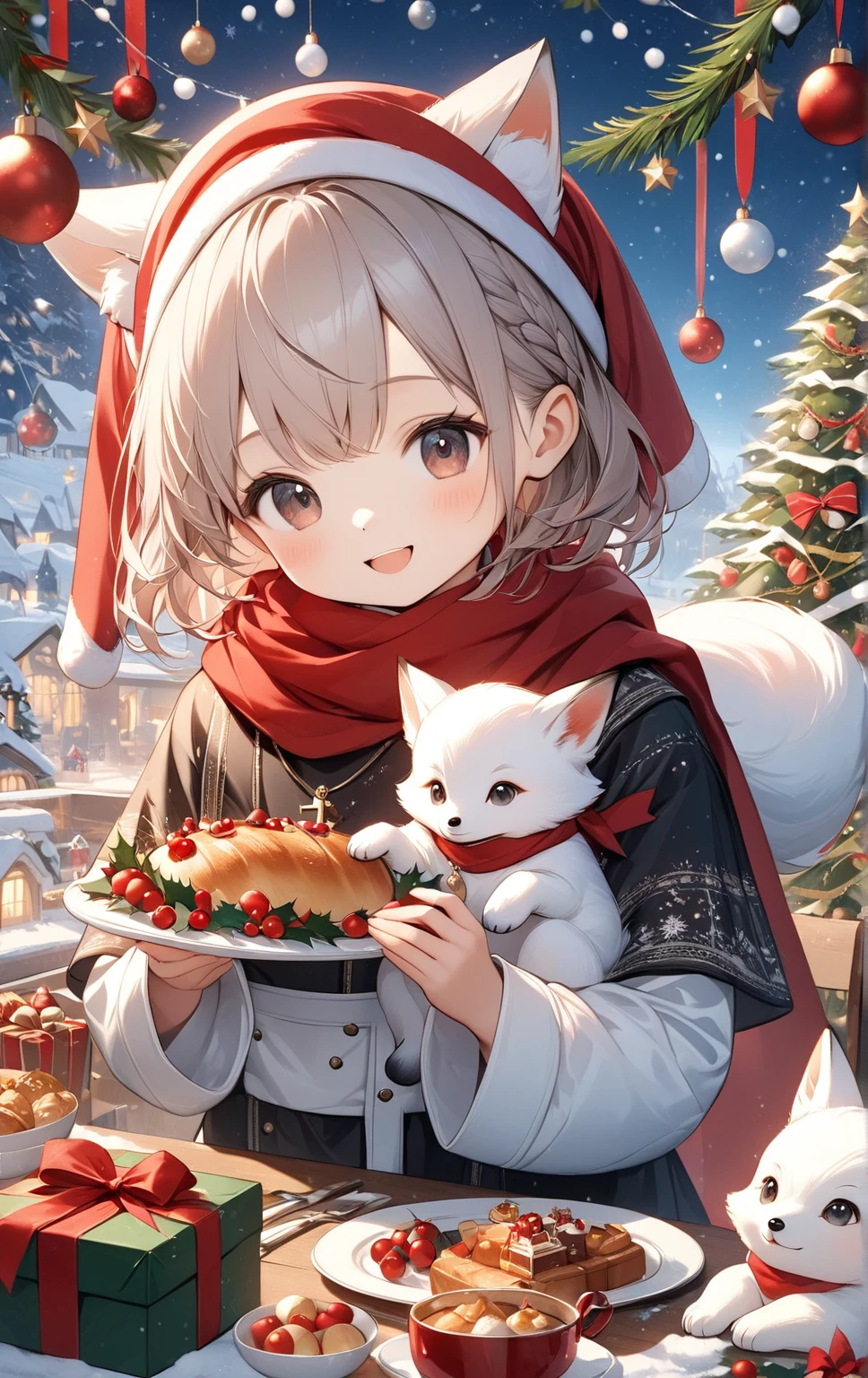   masterpiece :1.2， top quality，    high definition   ，8ｋ， christmas illustration，Christmas food ，  white **** fox ，   little character with a red bandana around his neck  、cute, Priest,    Details， professional photo shoot， happy expression， Christmas Winter Scenery ，