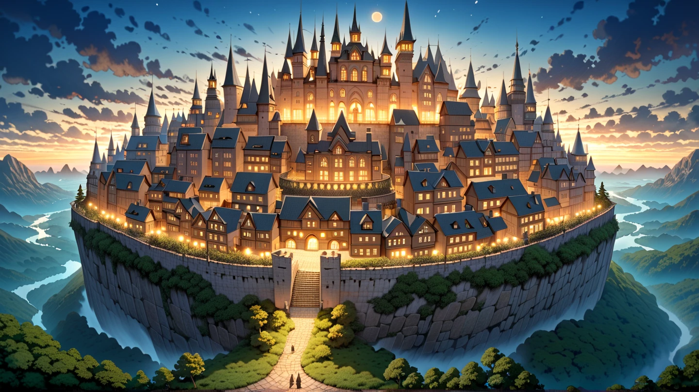 (masterpiece, ultra detailed, top quality:1.4), (Studio Ghibli, animation, PEAnimeBG), BREAK (huge peach moons:1.4), huge medieval European castle town, distant night view from above.