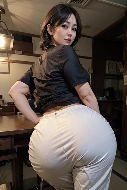 Emphasis on buttocks, huge butt, large wide butt, Chubby body, plump, fat, japanese mature, japanese milf, huge breasts, huge tits, large breasts, saggy breasts,  huge ass, aroused, Beauty 、 beautiful mature woman、 elegant sex appeal、  sexy、 Perfect lighting for bright hair 、Beauty、 Clear Beauty 、8k high resolution、  high definition 、  photorealistic、  Masterpiece 、  gravure quality  、 Sheer Business Pants  、 office、 big butt

