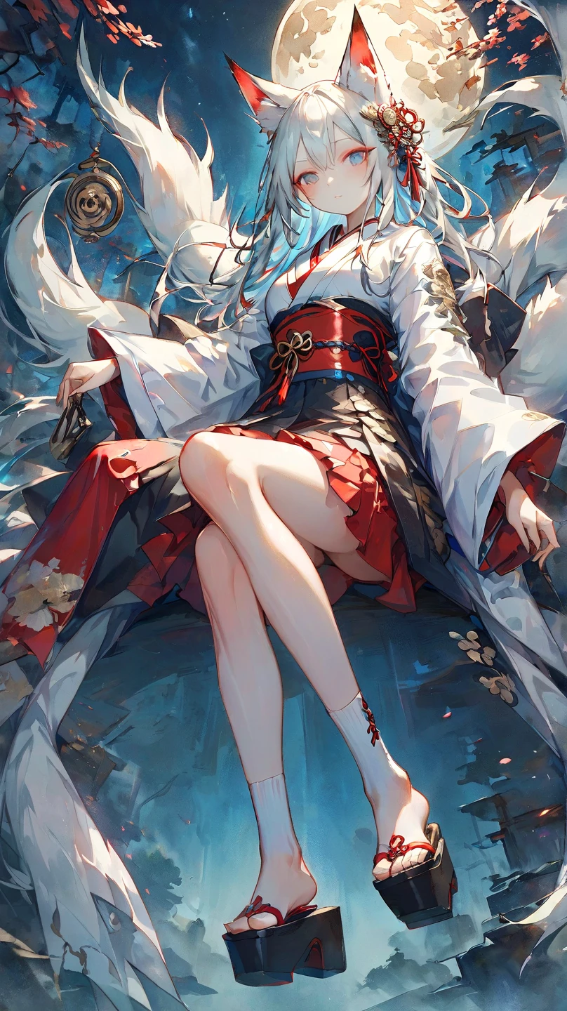 Masterpiece, highest resolution, highest quality, detailed depiction, beautiful, art, watercolor style, Japanese yokai, (beautiful face1.4),((full body shot1.4)), full-body illustration of a nine-tailed fox girl, personified as a young woman. She has long, flowing silver hair with subtle blue highlights, reflecting a mystical glow. Her fox ears and nine fluffy tails are adorned with intricate ornaments inspired by ancient Japanese designs. She wears a blend of traditional Japanese kimono and modern fantasy elements, featuring a white and red color scheme with golden accents. Her footwear consists of elegant, traditional Japanese wooden sandals (geta) with red straps, complemented by white tabi socks with gold embroidery. The setting is an ethereal forest under the moonlight, but without any glowing foxfire orbs. Her expression is calm and enigmatic, exuding a sense of wisdom and allure,4K graphics.