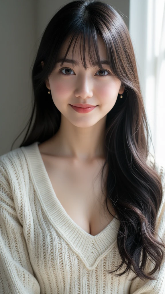 ( Thick Sweaters  : 1.5)、 ((デニムパンツ))((きれいなお尻))  complex and beautiful eyes、woman、 Womanly black hair、( dress : 1.6),  skirt、( Delicate and realistic hair、１Realistic hair)、bangs、  natural colored lips、(smile : 1.2)、((white indoor ))、((18歳woman:1.2))、   sit on the face of a young and adorable Japanese person,  Official Art，   very detailed CG unity 8k wallpaper，（masterpiece:1.0),( best quality:1.0), 超 View in high resolution ,4K,  Very detailed, photo shoot, 8k,  NFSDW   ,  View in high resolution ,   Kodak Portrait 400  ,   film grain,   Lens Flare Glow  ,高いest quality,8k, NFSDW   :1.2),    as a portrait shot ,8k、  viewer, (((Front View : 1.5))), ((facing))、 body facing forward、(Bold Cleavage : 1.3)、 (Tight chest : 1.3)、  small face ,  best quality、 Super beautiful images、stand up