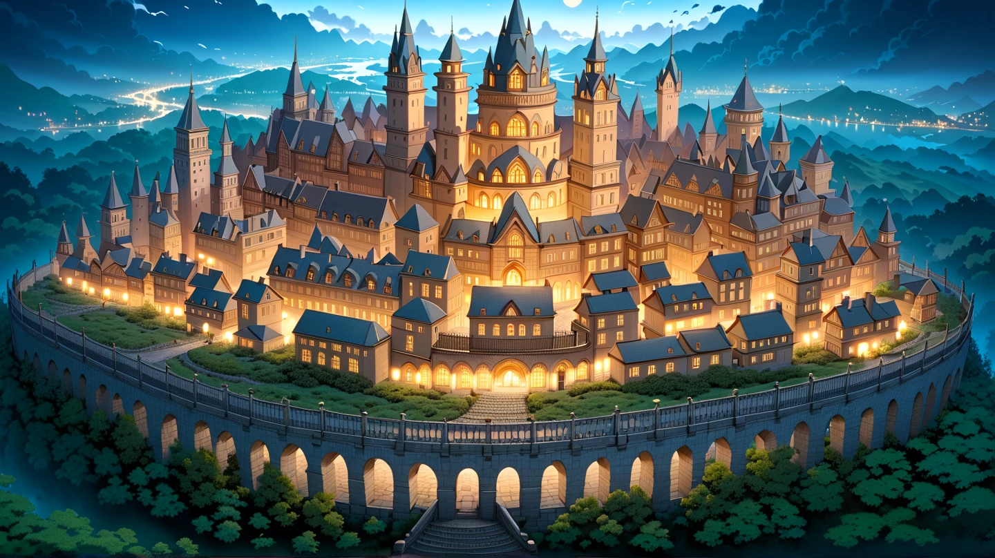 (masterpiece, ultra detailed, top quality:1.4), (Studio Ghibli, animation, PEAnimeBG), BREAK (huge peach moons:1.4), huge medieval European castle town, distant night view from above.