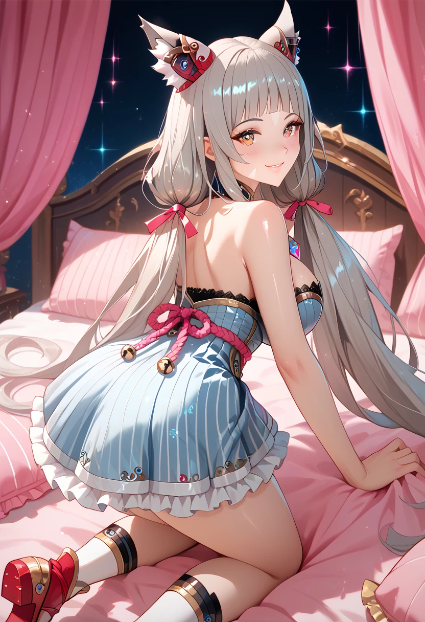 masterpiece, super fine illustration, best quality, light particles, ultra-detailed, 8K wallpaper, (bright colors:1.2), solo, bldNia, cat ears, grey hair, low twintails, very long hair, blunt bangs, facial mark, hair ribbon, chest jewel, big breasts, shiny skin, (light blue dress), (long frilled skirt), (lace short boots), (white kneehighs), (striped panty), , shiny eyes, affectionate smile, seductive smile, blush cheeks, (naughty room), (pink bed), (pink bed sheets), (pink pillows), (pink curtain), looking back, get down on all fours, nsfw,