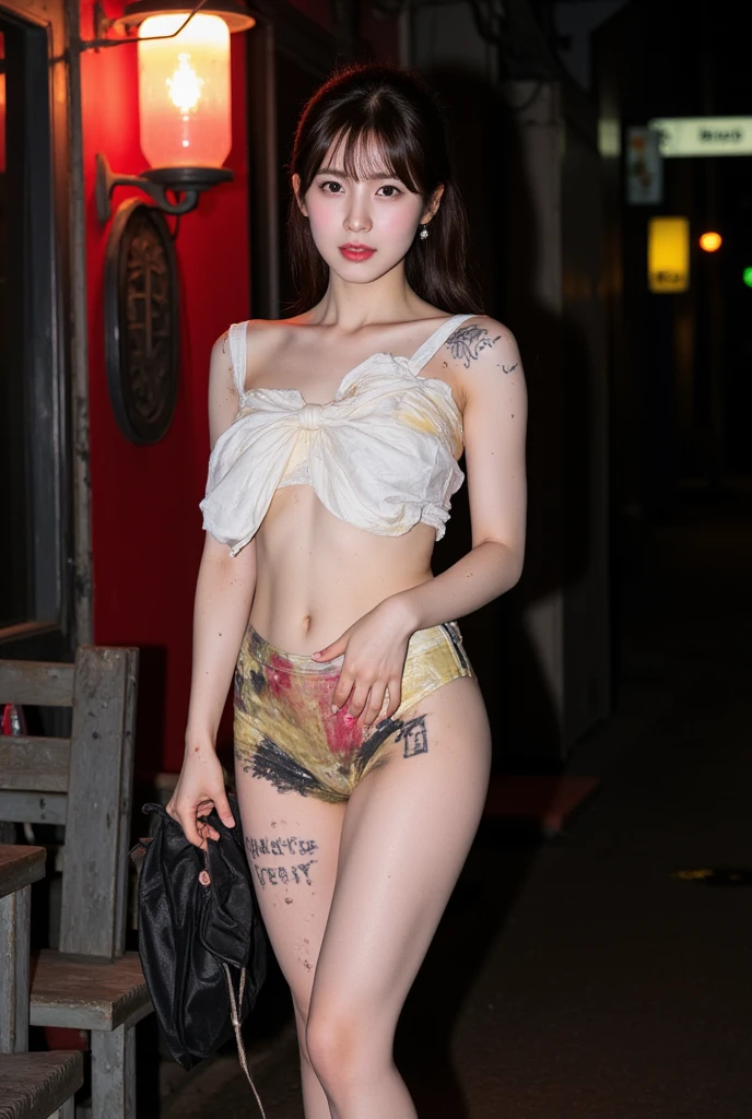 (90s flash photo)，1girl huge large breasts, solo,Full body,(Smoking),At night,a woman standing in a dim alley flirting，with a bright night scene in the distanceThe best quality，sin front of camera,tmasterpiece，RAW photogr，Film photos，(Renhang)，