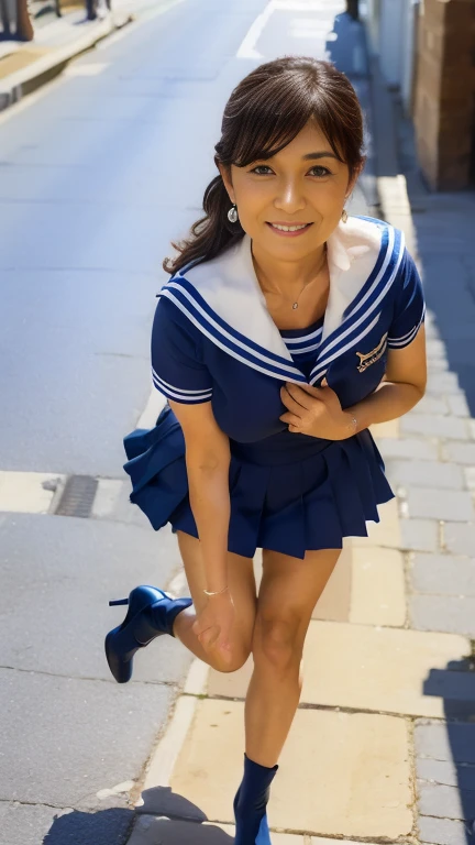 full body shot, from below,  japanese mature, 60 years old,  detailed face , smile, Facial wrinkles, Wrinkles around the eyes,  Detailed Skin Textures ,  white skin,  long hair , (curvy body,  plump thighs:1.3), (earrings,  Necklaces ,  sailor suit, school uniform, sailor uniform, sailor collar, sailor collar ribbon, Short sleeve,  navy blue pleated micro mini skirt:1.2), ( wears high heels:1.2), (Standing on the sidewalk,  full body shot from toe to head wearing black high heels,:1.2), (surrealism, best quality, ultra detailed, absolutely resolution, 8k, anatomically correct), depth of field, looking at viewer, (TI), (JMA), (kz),  detailed face , full body, model posing, arms up, 60 years oldの熟女がコスプレしている
