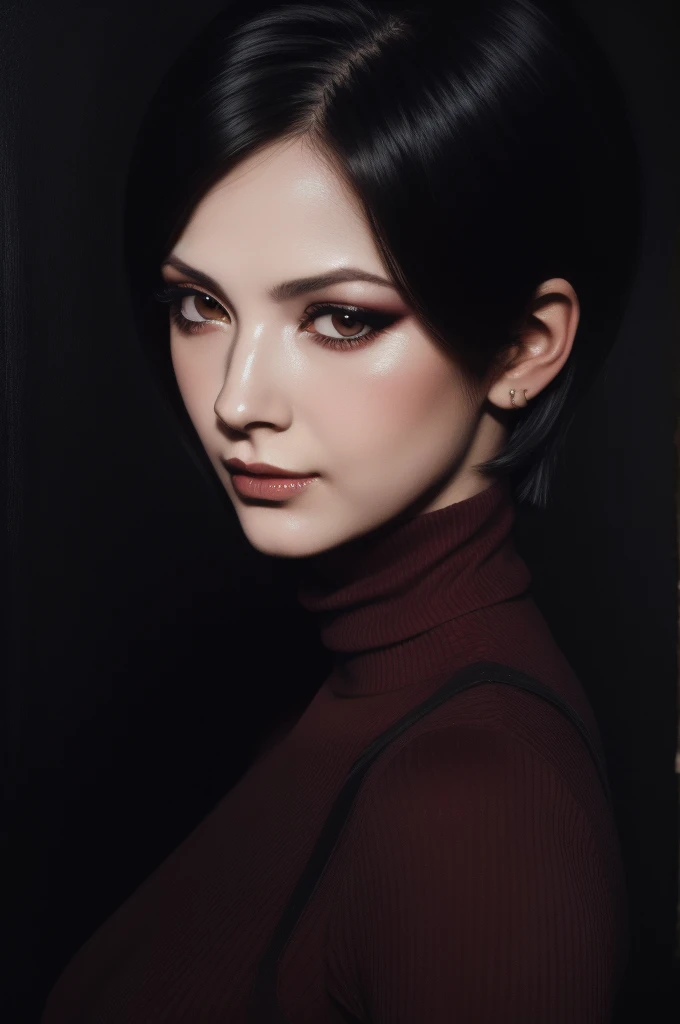 woman pretty, black short hair,brown eyes ,wearing redturtleneck  ,black-chocker ,foxy eyeliner,portrait pale,soft body,eyeliner, wearing sheer , makeup ,pale woman painting, Caravaggio's paintings、Chiaroscuro of Caravaggio ,simple background