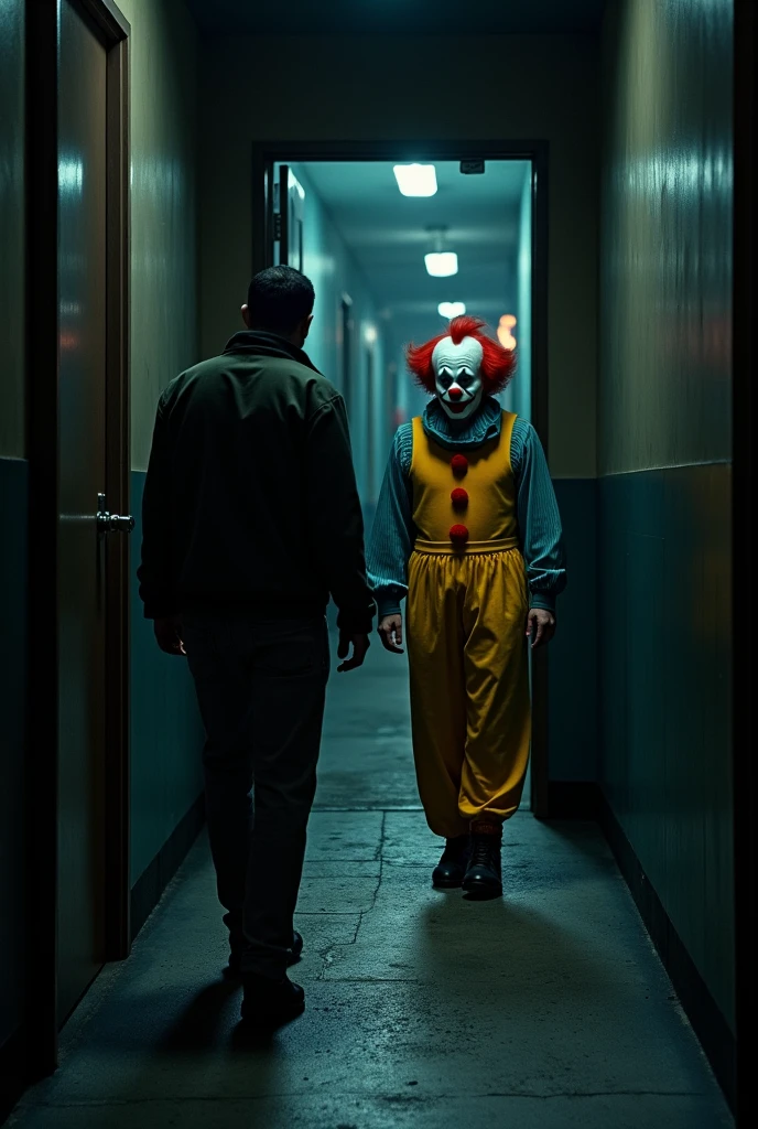 A black man grabs a clown by the neck and throws him out of a room