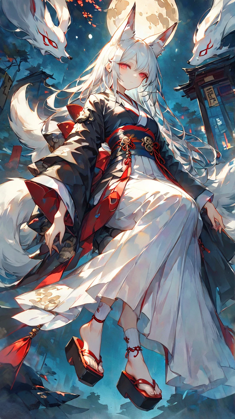 Masterpiece, highest resolution, highest quality, detailed depiction, beautiful, art, watercolor style, Japanese yokai, (beautiful face1.4),((full body shot1.4)), full-body illustration of a nine-tailed fox girl, personified as a young woman. She has long, flowing silver hair with subtle red highlights, reflecting a mystical glow. Her fox ears and nine fluffy tails are adorned with intricate ornaments inspired by ancient Japanese designs. She wears a blend of traditional Japanese kimono and modern fantasy elements, featuring a white and red color scheme with golden accents. Her footwear consists of elegant, traditional Japanese wooden sandals (geta) with red straps, complemented by white tabi socks with gold embroidery. The setting is an ethereal forest under the moonlight, but without any glowing foxfire orbs. Her expression is calm and enigmatic, exuding a sense of wisdom and allure,4K graphics.