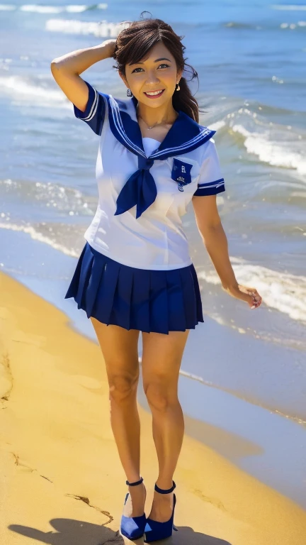 full body shot, from below,  japanese mature, 60 years old,  detailed face , smile, Facial wrinkles, Wrinkles around the eyes,  Detailed Skin Textures ,  white skin,  long hair , (curvy body,  plump thighs:1.3), (earrings,  Necklaces ,  sailor suit, school uniform, sailor uniform, sailor collar, sailor collar ribbon, Short sleeve,  navy blue pleated micro mini skirt:1.2), ( wears high heels:1.2), ( standing on the seaside ,  full body shot from toe to head wearing black high heels,:1.2), (surrealism, best quality, ultra detailed, absolutely resolution, 8k, anatomically correct), depth of field, looking at viewer, (TI), (JMA), (kz),  detailed face , full body, model posing, arms up, 60 years oldの熟女がコスプレしている 