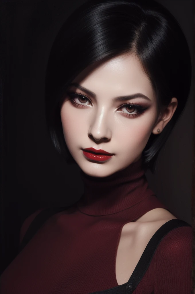 woman pretty, black short hair,brown eyes ,wearing redturtleneck  ,black-chocker ,red lips,foxy eyeliner,portrait pale,soft body,eyeliner, wearing sheer , makeup ,pale woman painting, Caravaggio's paintings、Chiaroscuro of Caravaggio ,simple background