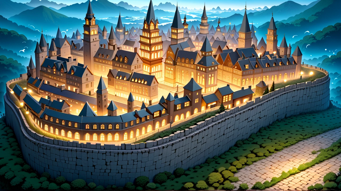 (masterpiece, ultra detailed, top quality:1.4), (Studio Ghibli, animation, PEAnimeBG), BREAK (huge peach moons:1.4), huge medieval European castle town, distant night view from above.