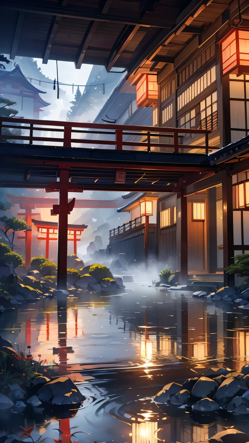 A serene hot spring village in Hakone during the Taisho era, surrounded by misty mountains and dense forests. Traditional Japanese inns (ryokan) with wooden facades and paper lanterns line the quiet streets. Steam rises from the natural hot springs, and a lone visitor in a yukata walks along a narrow stone path, taking in the peaceful, tranquil atmosphere. In the distance, a grand, wooden torii gate stands at the entrance to a hidden shrine.

	•	Key elements: Hakone hot springs, misty mountains, ryokan, steam rising, peaceful atmosphere, torii gate.