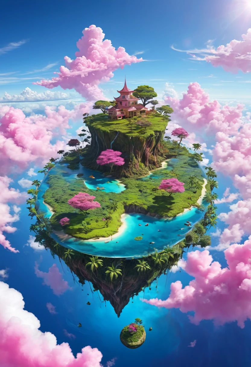  Create an image of a floating island  ,  the island has non-terrestrial inhabitants , is it a parallel world  , A fantasy world , full of colors , pink clouds, árboles que no existen en la tierra , animales nunca antes vistos , full of colors , strong colors , The best image quality 