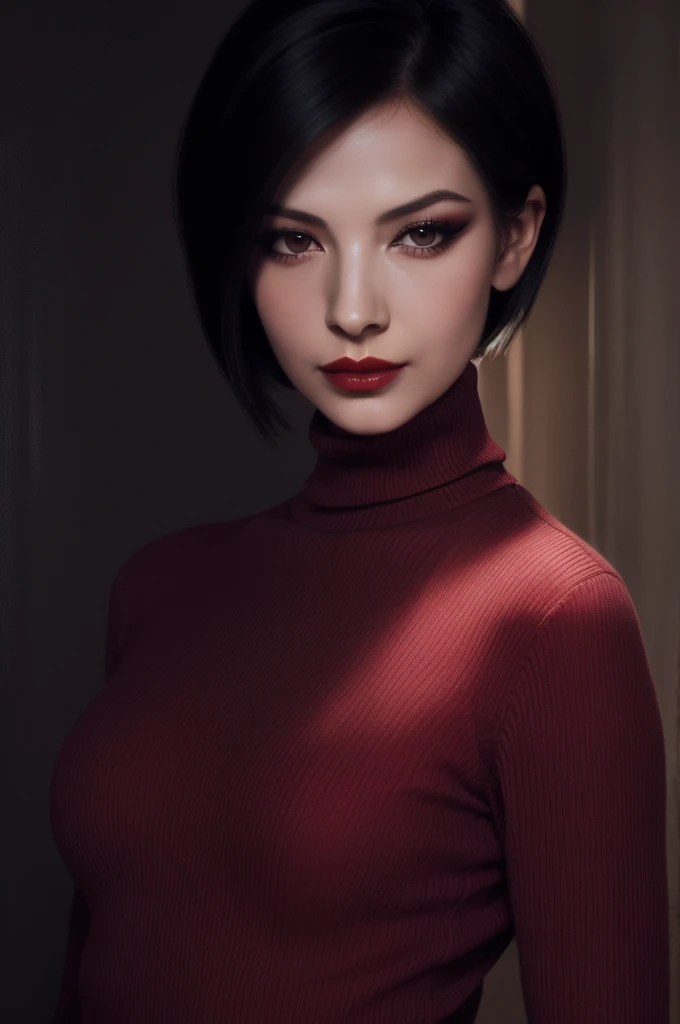 woman pretty, black short hair,brown eyes ,wearing redturtleneck, red sweater, belt, ,black-chocker ,red lips,foxy eyeliner,portrait pale,soft body,eyeliner, wearing sheer , makeup ,pale woman painting, Caravaggio's paintings、Chiaroscuro of Caravaggio ,simple background