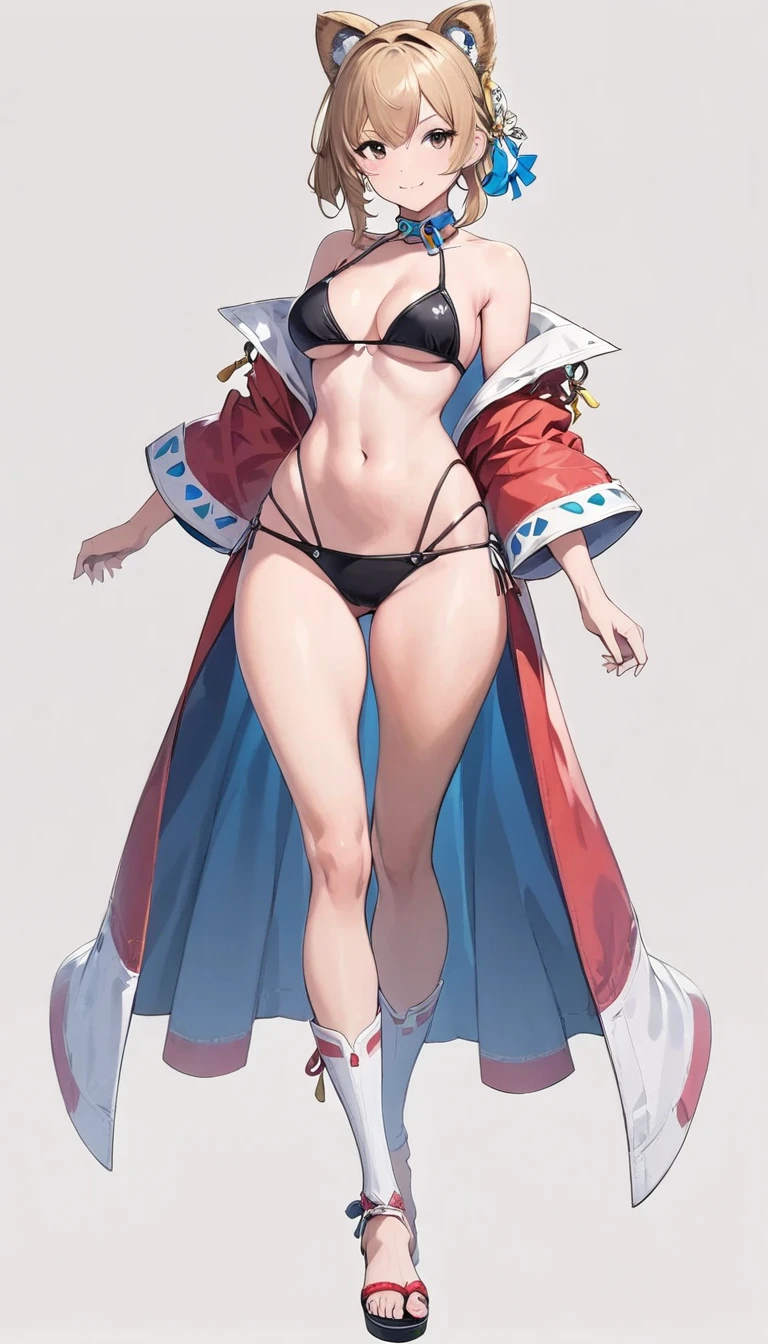 ((BLACK BACKGROUND,1:2, masterpiece)), full body MILF BIMBO standing with two long thighs and two high heels, red eyes, silver white hair, short bob style hair, big breasts, cleavage, separate sleeves, tiara royal, long cape up to two feet, yellow bikini, hands on waist, navel, lustful smirking smiling, smile face (red blushed, red cheeks), metal shoulders, gold sleeveless armbands, black leather choker slave collar, shackle bracelets, sex slave red crest, full body MILF BIMBO standing with two long thighs and two metal sandals, red eyes, silver white hair, short bob style hair, big breasts, cleavage, separate sleeves, tiara royal, long cape up to two feet, yellow bikini, hands on waist, navel, lustful smirking smiling, smile face (red blushed, red cheeks), metal shoulders, gold sleeveless armbands, black leather choker slave collar, shackle bracelets, sex slave red crest, pauldrons, breastplate, corset, eye focus, full body, whole body. 1solo . slave fighter, loincloth standing, hands on hips, metal sandals, backpack, choker, big belt, view from below, feet together, bracers, tiara)