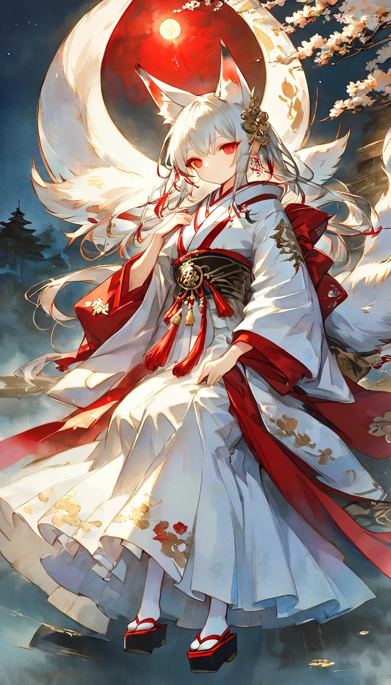 Masterpiece, highest resolution, highest quality, detailed depiction, beautiful, art, watercolor style, Japanese yokai, (beautiful face1.4),((full body shot1.4)), full-body illustration of a nine-tailed fox girl, personified as a young woman. She has long, flowing silver hair with subtle red highlights, reflecting a mystical glow. Her fox ears and nine fluffy tails are adorned with intricate ornaments inspired by ancient Japanese designs. She wears a blend of traditional Japanese kimono and modern fantasy elements, featuring a white and red color scheme with golden accents. Her footwear consists of elegant, traditional Japanese wooden sandals (geta) with red straps, complemented by white tabi socks with gold embroidery. The setting is an ethereal forest under the moonlight, but without any glowing foxfire orbs. Her expression is calm and enigmatic, exuding a sense of wisdom and allure,4K graphics.