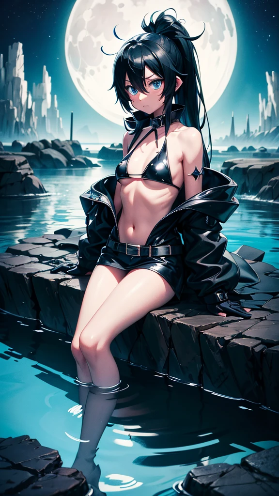 a tied up naked teenager girl in black pigtails with an emo male teenager with black hair,  blue lagoon, night, moon, blue planet, futuristic