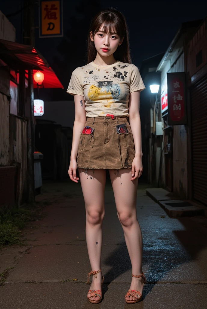 NSFW,
realistic, Press photo, Documentary Technique,
hasselblad, 85mm f1.4 zeiss lens, HDR,
(full body visible:1.5), 
In this photo she is seen from head to toe,
the ground she is standing on is wet,
facing the camera, looking at the camera,
young korean girl,
pony tail, bangs,
Her face resembles "Arin" from "OH MY GIRL",
she is lowteen,
big round brown eyes, 
she has very white skin, 
she has dark brown hair, 
her legs is little fat, 
she height is 153cm,
The miniskirt she is wearing seems to be an idol's stage costume but it is worn out and very dirty,
Her clothes are old and very dirty,
She's not wearing underwear, 
she's not wearing panties,
she is very dirty,
she has whore's tattoo, 

She is a slum dweller and is very dirty,
she looks unhealthy,
she prostitutes herself in the slums,
her customers are beggars,
she has many wart,
she has many scars,
Her clothes have a lot of stains,
some of stains are black some yellow some red,
Her clothes are torn in places,

She is standing in front of a cheap brothel in a slum at night,
The slums are dark at night, 
only the brothel's red lantern glows dimly,
She beckons the men with a blank look on her face,