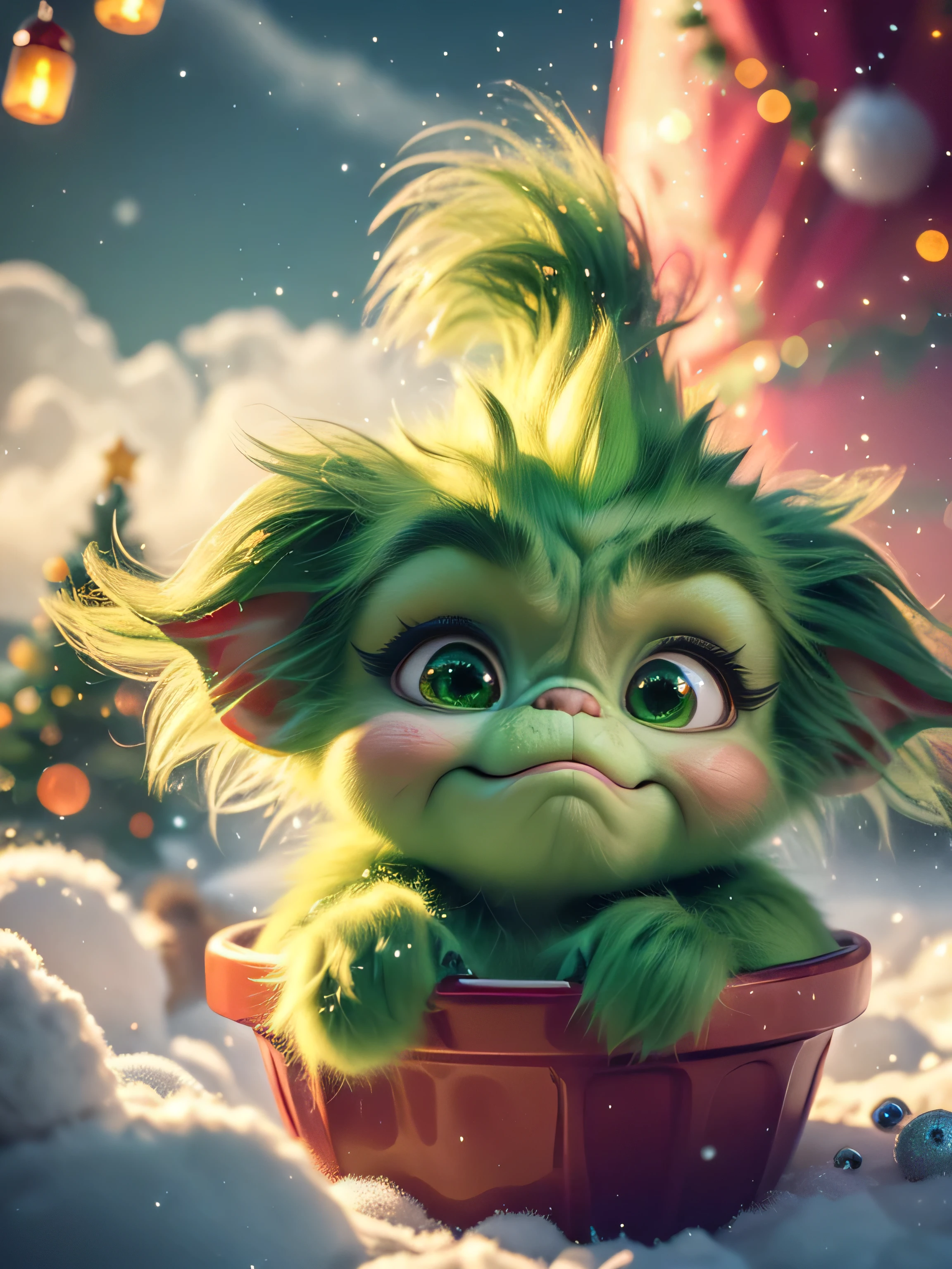 A beautiful, adorable baby Grinch made entirely of soft green clouds, peacefully nestled in a bed of fluffy clouds. The baby Grinch has a gentle, serene expression as it sleeps, with its soft, dream-like appearance. The surrounding clouds are colored in pastel shades of red and gold, creating a warm and dreamy atmosphere. The entire scene is bathed in a soft, ethereal light, enhancing the magical and fantastical quality of the image. The baby Grinch should appear as a seamless part of the cloudscape, blending perfectly with the surrounding clouds, but still maintaining distinct, realistic features that highlight its cuteness and charm. Hyperrealistic, splash art, concept art, mid shot, intricately detailed, color depth, vivid colors, dramatic, 2/3 face angle, side light, colorful background. Xmas lights in background and Xmas tree. Christmas theme, blurred background, fantasy, Gouves style artwork, realism: 1.37, (super fine fantasy art), masterpiece, high quality design and accurate physics (super accurate fantasy style)) art, dark fantasy style)), super accurate design and accurate physics), color, depth of field, shadows, ray tracing, (accurate simulation of the interaction of light and materials)], intricate Christmas decorations, glowing garlands, sparkling decoration, natural light, soft background, photorealistic, sparkling eyes, sharp focus, glowing skin, cute and mischievous look, hint of mischief, dreamy atmosphere, Super glossy effect, delicate details, soft ambient light, (Backlight:1.3), (Cinematic:1.2), intricate details, (ArtStation:1.3)