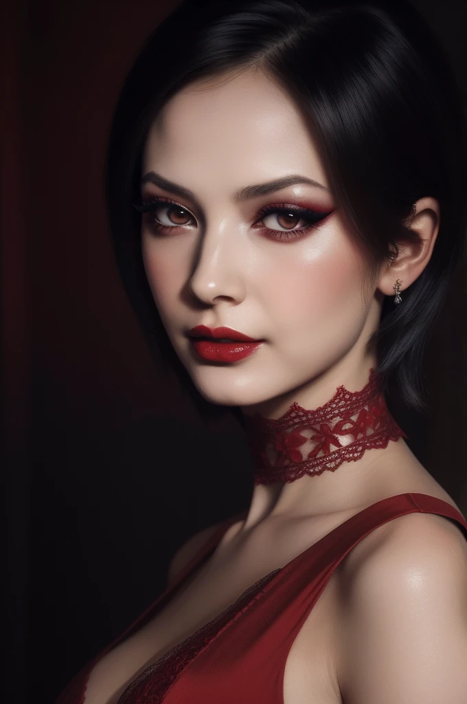 woman pretty, black short hair,brown eyes ,wearing red lace dress, sexy,black-chocker ,red lips,foxy eyeliner,portrait pale,soft body,eyeliner, wearing sheer , makeup ,pale woman painting, Caravaggio's paintings、Chiaroscuro of Caravaggio ,simple background