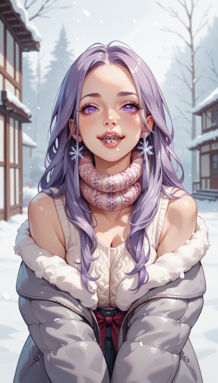 leggings, sweater, ass focus, stunning intricate full color portrait, epic character composition, close-up portrait of beautiful smiling woman with freckles, snow-covered mountain, medium ass, anime absurdres illustration, drawing, (lineart:0.6) --s2