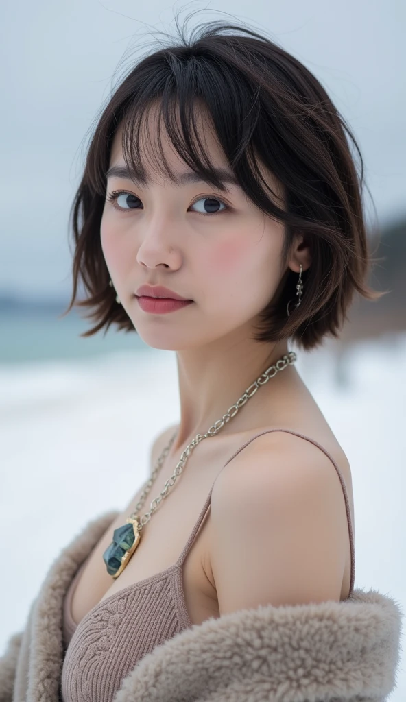 19 years old 、bangss、(((  Fashionable clothes for winter)))、Medium milk, cute  face、(Butt sticking out pose)、(turned around)、 Hokkaido 、Seaside、Asahi、Big necklace、earrings、Photos showing the whole body((Short Hair))( It's snowing) sunrise((( extreme close-up)))