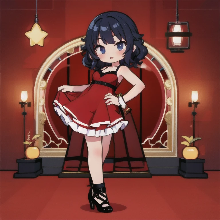  short fibers, Curly hair, Red dress, fitting dress, Short dress, High heel shoes, sexy poses, Friday Night Funkin Girl , not looking at the viewer, standing straight , Hands on the back side , 4 pose character view