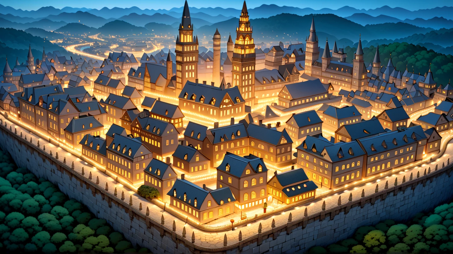 (masterpiece, ultra detailed, top quality:1.4), (Studio Ghibli, animation, PEAnimeBG), BREAK (huge peach moons:1.6), huge medieval European castle town, distant night view from above.