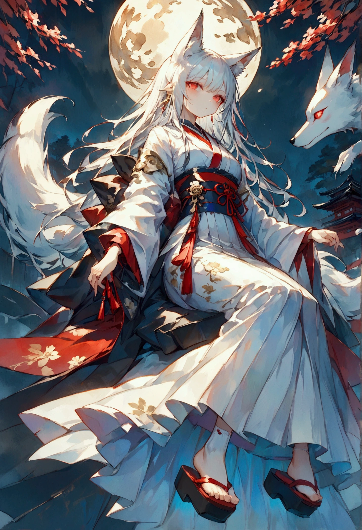 Masterpiece, highest resolution, highest quality, detailed depiction, beautiful, art, watercolor style, Japanese yokai, (beautiful face1.4),((full body shot1.4)), full-body illustration of a nine-tailed fox girl, personified as a young woman. She has long, flowing silver hair with subtle red highlights, reflecting a mystical glow. Her fox ears and nine fluffy tails are adorned with intricate ornaments inspired by ancient Japanese designs. She wears a blend of traditional Japanese kimono and modern fantasy elements, featuring a white and red color scheme with golden accents. Her footwear consists of elegant, traditional Japanese wooden sandals (geta) with red straps, complemented by white tabi socks with gold embroidery. The setting is an ethereal forest under the moonlight, but without any glowing foxfire orbs. Her expression is calm and enigmatic, exuding a sense of wisdom and allure,4K graphics.