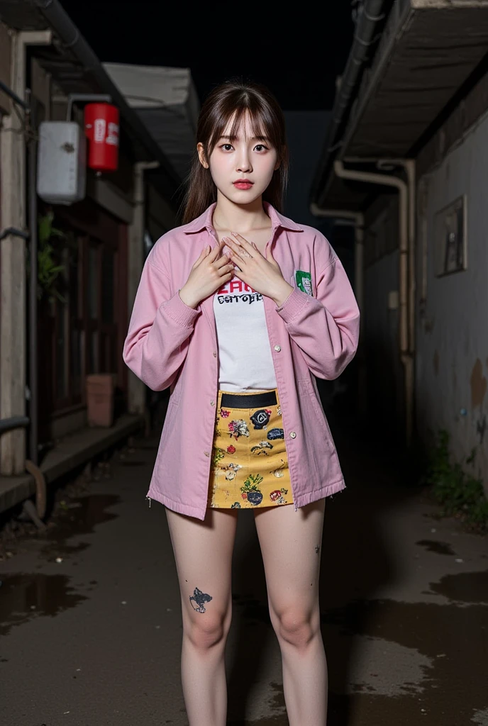 NSFW,
realistic, Press photo, Documentary Technique,
hasselblad, 85mm f1.4 zeiss lens, HDR,
(full body visible:1.5), 
In this photo she is seen from head to toe,
the ground she is standing on is wet,
facing the camera, looking at the camera,
young korean girl,
pony tail, bangs,
Her face resembles "Arin" from "OH MY GIRL",
she is lowteen,
big round brown eyes, 
she has very white skin, 
she has dark brown hair, 
her legs is little fat, 
she height is 153cm,
The miniskirt she is wearing seems to be an idol's stage costume but it is worn out and very dirty,
Her clothes are old and very dirty,
She's not wearing underwear, 
she's not wearing panties,
she is very dirty,
she has whore's tattoo, 

She is a slum dweller and is very dirty,
she looks unhealthy,
she prostitutes herself in the slums,
her customers are beggars,
she has many wart,
she has many scars,
Her clothes have a lot of stains,
some of stains are black some yellow some red,
Her clothes are torn in places,

She is standing in front of a cheap brothel in a slum at night,
The slums are dark at night, 
only the brothel's red lantern glows dimly,
She beckons the men with a blank look on her face,