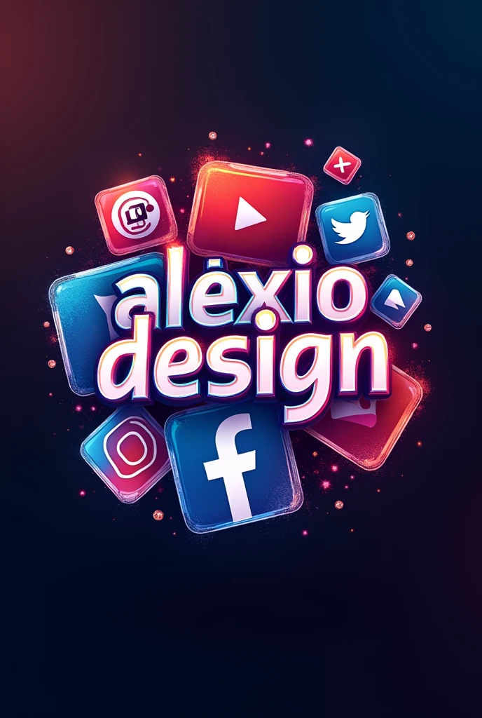  Create an image that says . ALEXIODESIGN  ,,  with a creative font with somewhat striking , strong colors ,  behind the text add the logos of the main social networks ( FACEBOOK INSTAGRAM TIKTOK MESSENGER  ) ,  also add the logos of the main social networks , just add the logos ,  don't add the names  