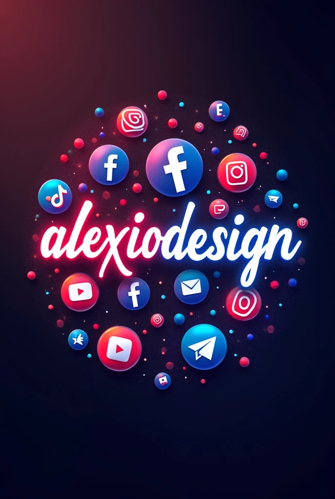  Create an image that says . ALEXIODESIGN  ,,  with a creative font with somewhat striking , strong colors ,  behind the text add the logos of the main social networks ( FACEBOOK INSTAGRAM TIKTOK MESSENGER  ) ,  also add the logos of the main social networks , just add the logos ,  don't add the names  