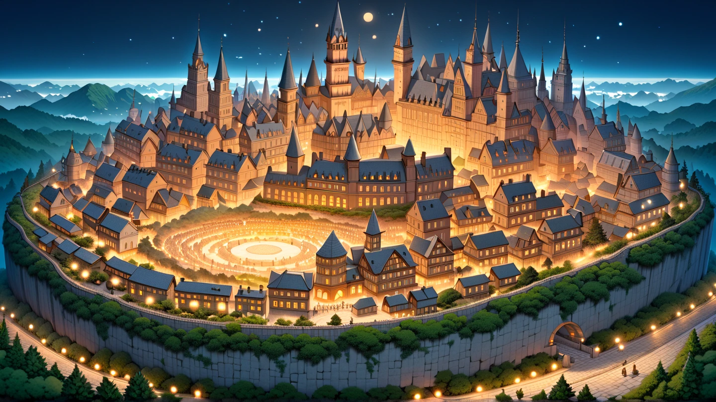 (masterpiece, ultra detailed, top quality:1.4), (Studio Ghibli, animation, PEAnimeBG), BREAK (huge peach moons:1.7), huge medieval European castle town, distant night view from above.