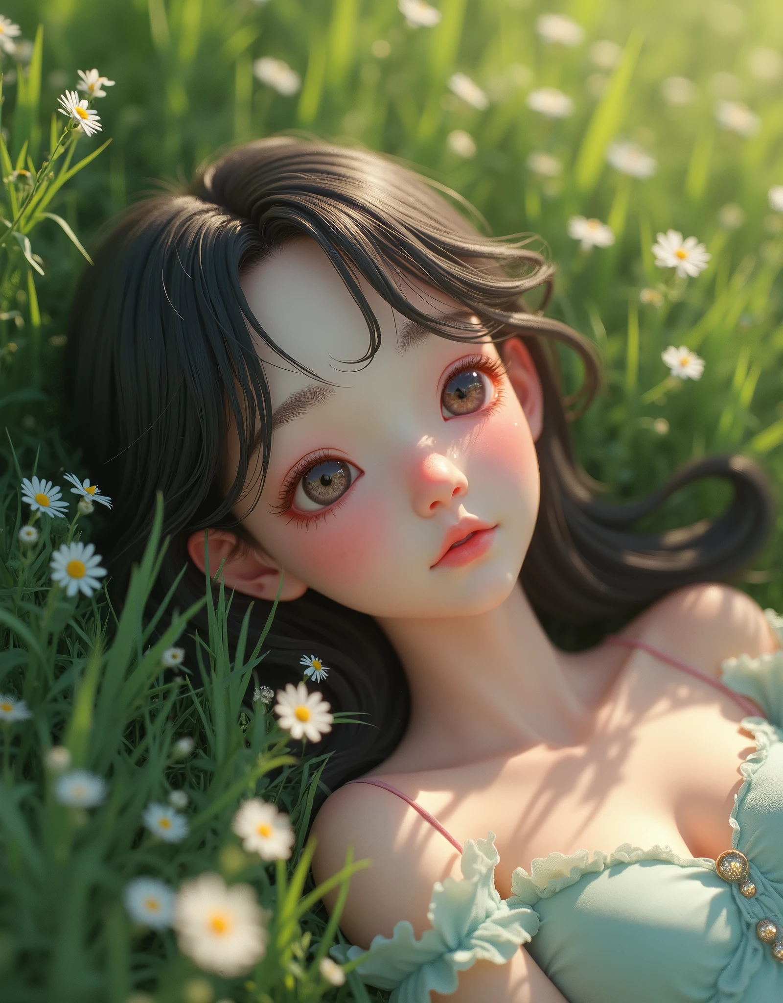 1girl, highly detailed, photorealistic, adorable chibi girl, holding a daisy in her left hand, plucking the petals of the daisy with her right hand, beautiful detailed eyes, beautiful detailed lips, extremely detailed face and hair, intricate floral dress, soft lighting, delicate petals, serene expression, pastoral garden background, vibrant colors, cinematic composition, masterpiece, (best quality,4k,8k,highres,masterpiece:1.2),ultra-detailed,(realistic,photorealistic,photo-realistic:1.37)