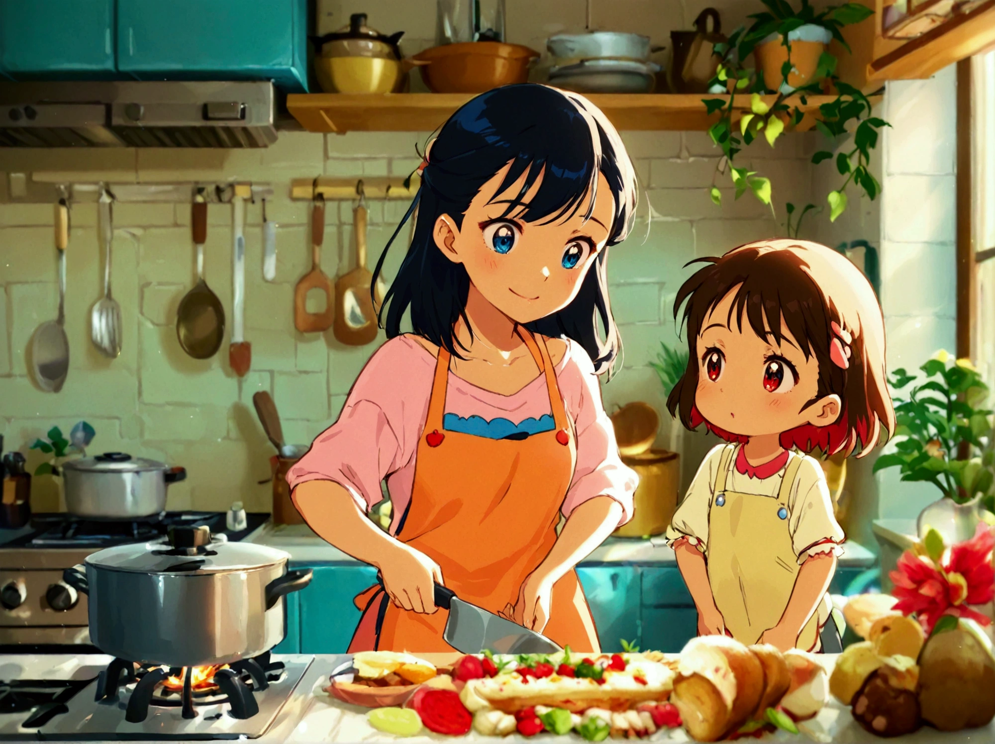 Cute beautiful girl. Family cooking in the kitchen with gas stove. TV animation. Less color. Cold colors.