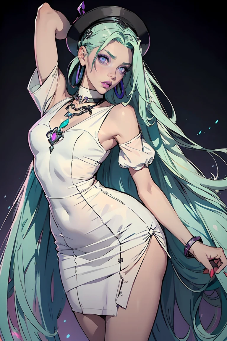 Goddess ((goddess-like woman)), slim, elegant silhouette, masterpiece, best quality, pale skin, fair skin, sweet face, (masterpiece: 1.2, best quality), (real picture, intricate details), (1 lady, solo, medium , small waist, ), ((Jinx/LOL)), beautiful face, kissable lips, very long mint green hair, hair slicked back, (very long mint green hair), mint green hair,(Purple eyes, Eye color: purple), purple glowing eyes, glowing eyes, crazy eyes, she has an impressive presence., bracelet, hoop earring, beautiful face, perfect makeup, Beautiful Eyes, big eyes, she looks at the viewer, Beautiful Eyes, big eyes she looks at the viewer, she Wears a Black & Sheer Wiggle Vix Dress, w1ggl3v1x4,hat,dress,black dress she is wearing earrings, necklace, many different bracelets,, white headband, boots,, background: large festival hall, luxury, bright white room, gala