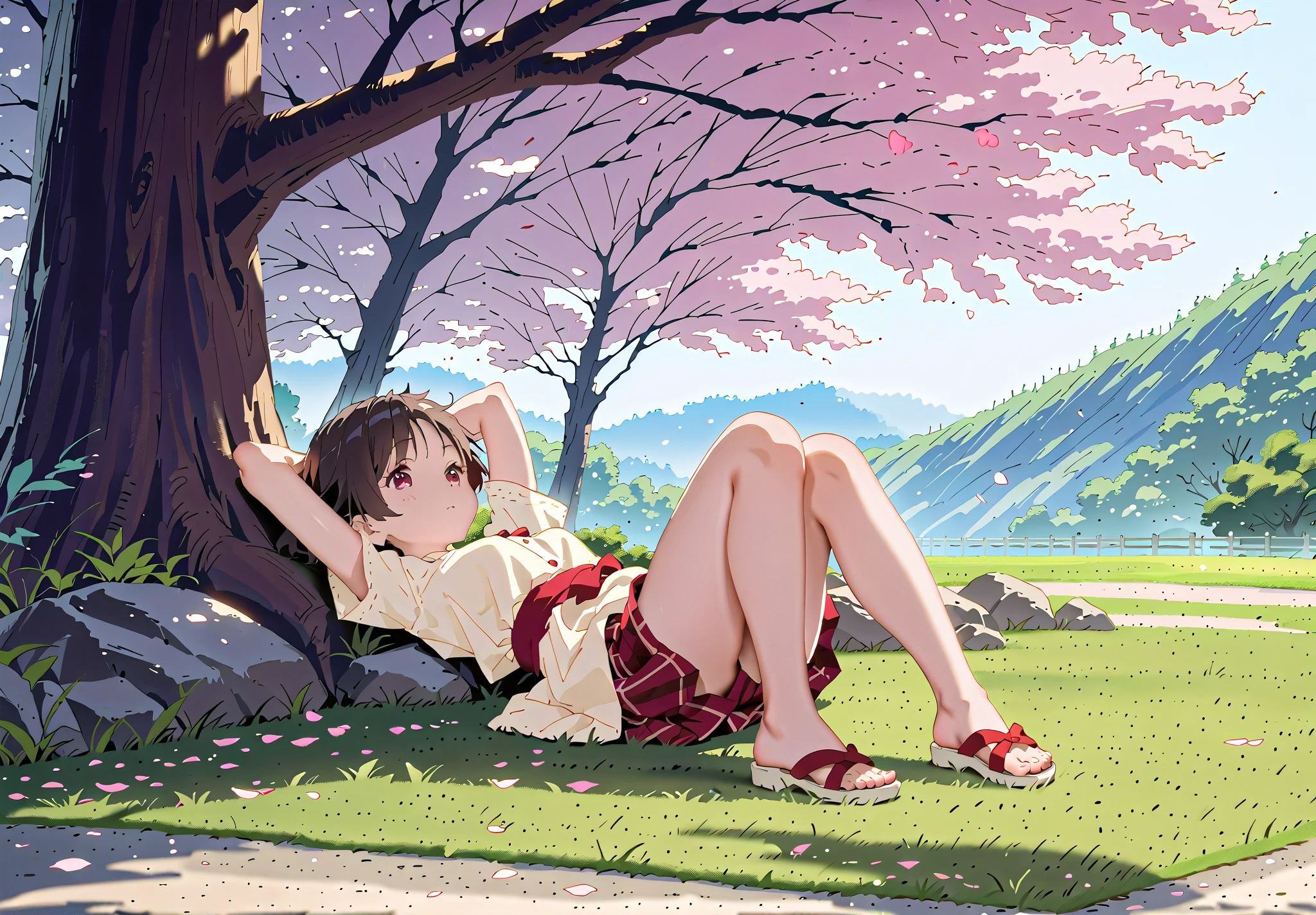 Kumin Tsuyuri, 1 girl, lying on back, raised arms, knees apart feet together, On lawn, Sunlit Forest, under the cherry tree, cherry blossom and petals, hilltop, 