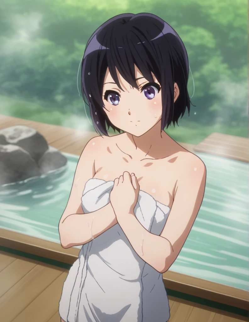 score_9, score_8_up, score_7_up,  source_Anime, Reina Kousaka , Reina Kousaka,  short hair, short hair , bangs,  black hair, purple eyes,  nudes, naked,  outdoor, hot spring, towel, naked towel,  steam, busing,  nudes cover, が部分的にwater没しました, water, bus,  steam censor, wet towel,  viewers who stop at the edge,  cowboy shot leading to the climax,  Dutch angle , A little thick,judo player、judo、Inside the judo Gymnasium、On the tatami、discovery、whole body、rest、幼い頃judo家に育てられた.