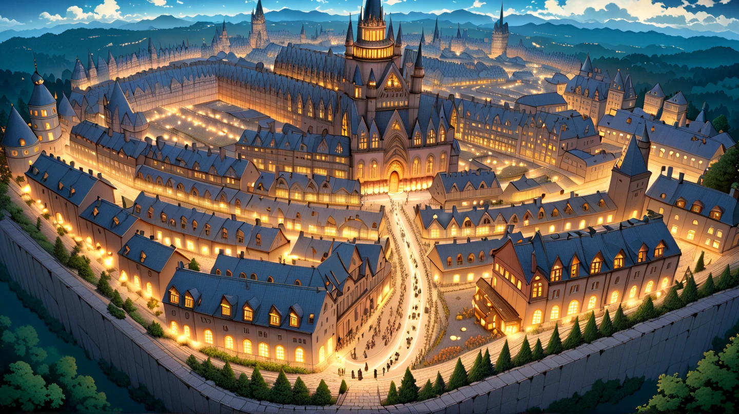 (masterpiece, ultra detailed, top quality:1.4), (Studio Ghibli, animation, PEAnimeBG), BREAK (huge peach moons:1.7), huge medieval European castle town, distant night view from above.