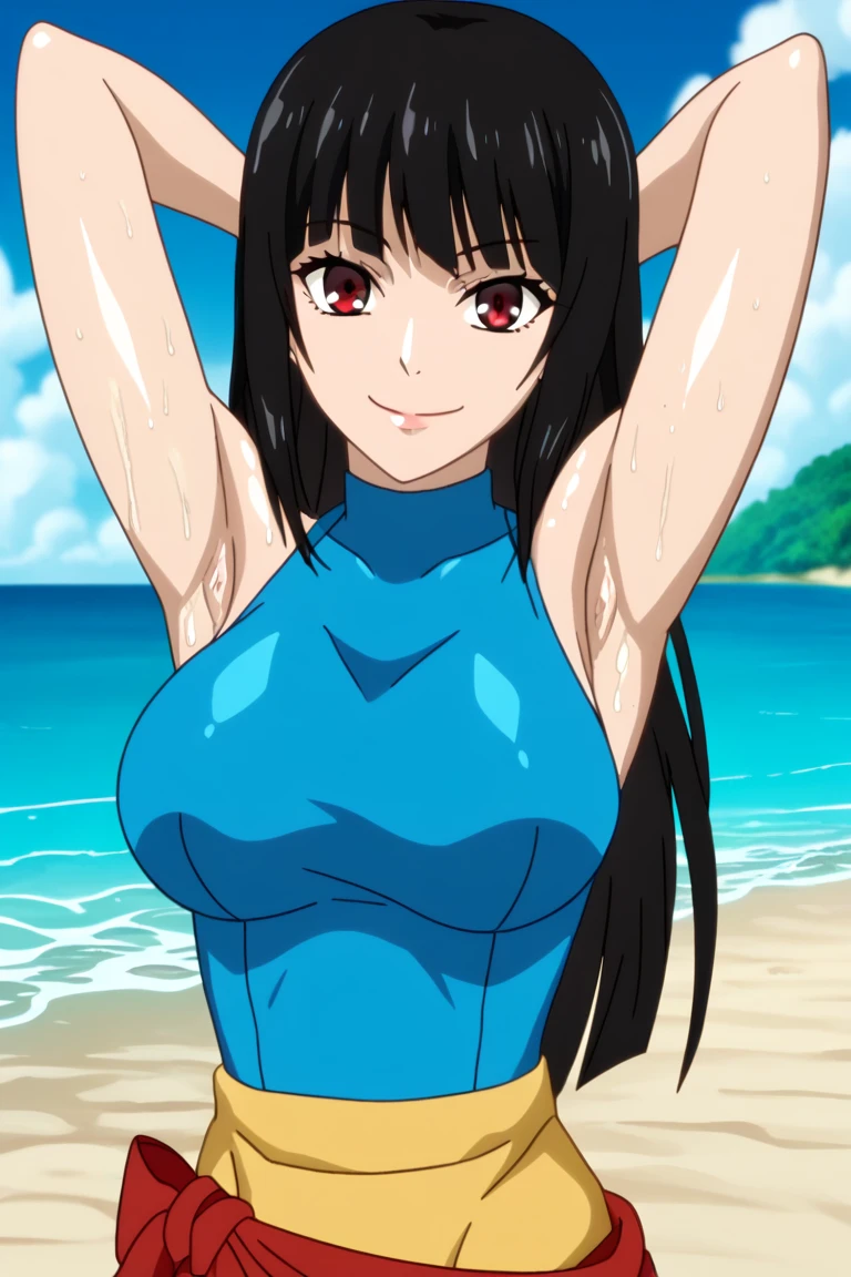 score_9, score_8_up, score_7_up, source_anime, anime screencap, 1girl, solo, jabami yumeko, ponytail, long hair, black hair, red eyes, large breasts, arms behind head, armpits, looking at viewer, head towards viewer, smile, closed mouth, badhandv4, outdoors, beach, sweaty armpits