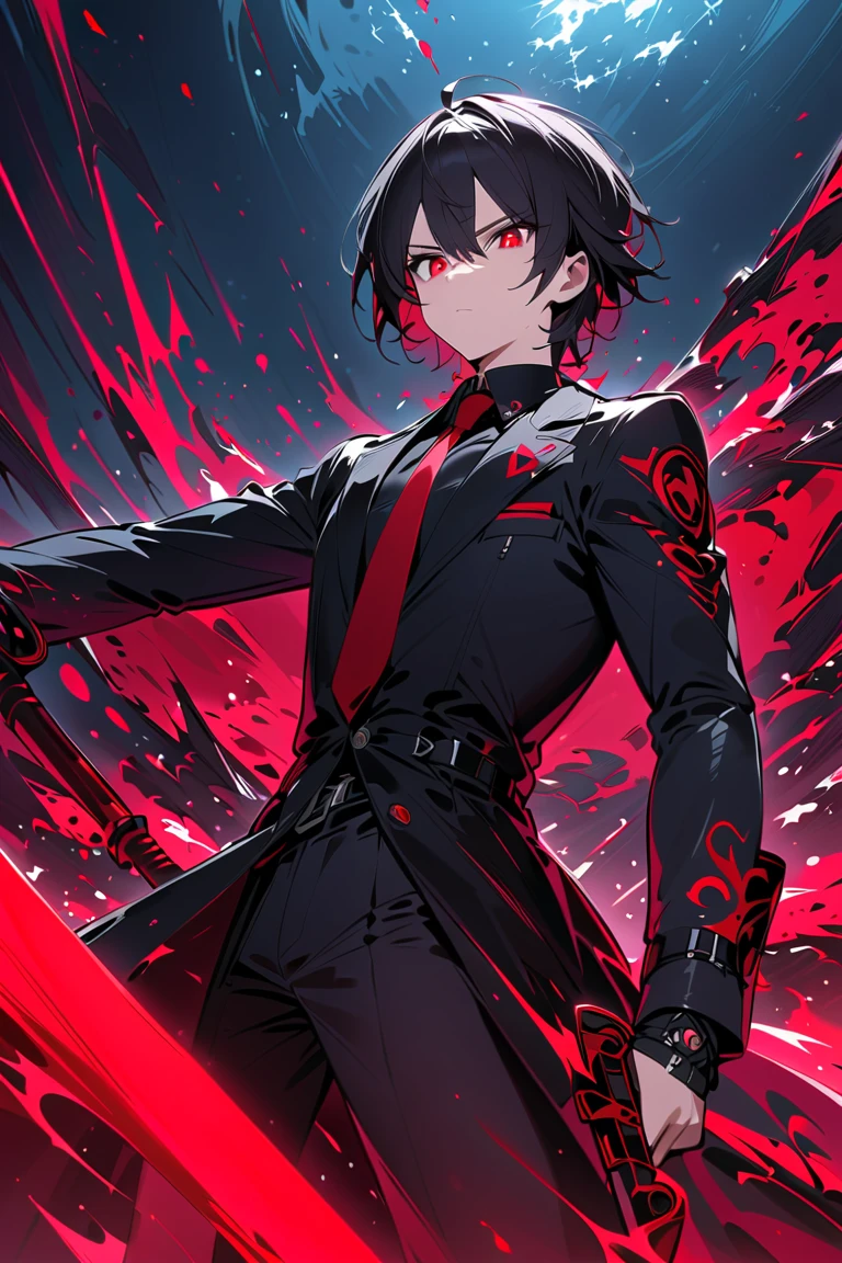 One, beautiful, 1 man, with a sporty body, V-shaped body, black-bard Britannia suit with bloody elements, red veins on the arm, bloody details, model hair, short hair, black hair, blood red eyes, neon eyes, red threads, black light